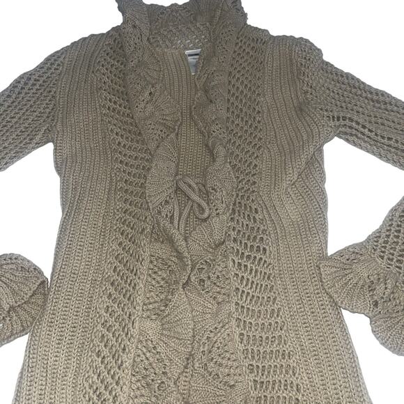 Y2K Ruffle Tan Tie Front Cardigan Midi Length Medium - Picture 4 of 9